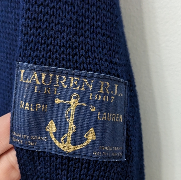 Lauren Ralph Lauren Navy Shawl Collar Elbow Shoulder Patch Gold Button Cardigan - Picture 5 of 13